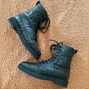 Black leather mid rise Fendi combat boots